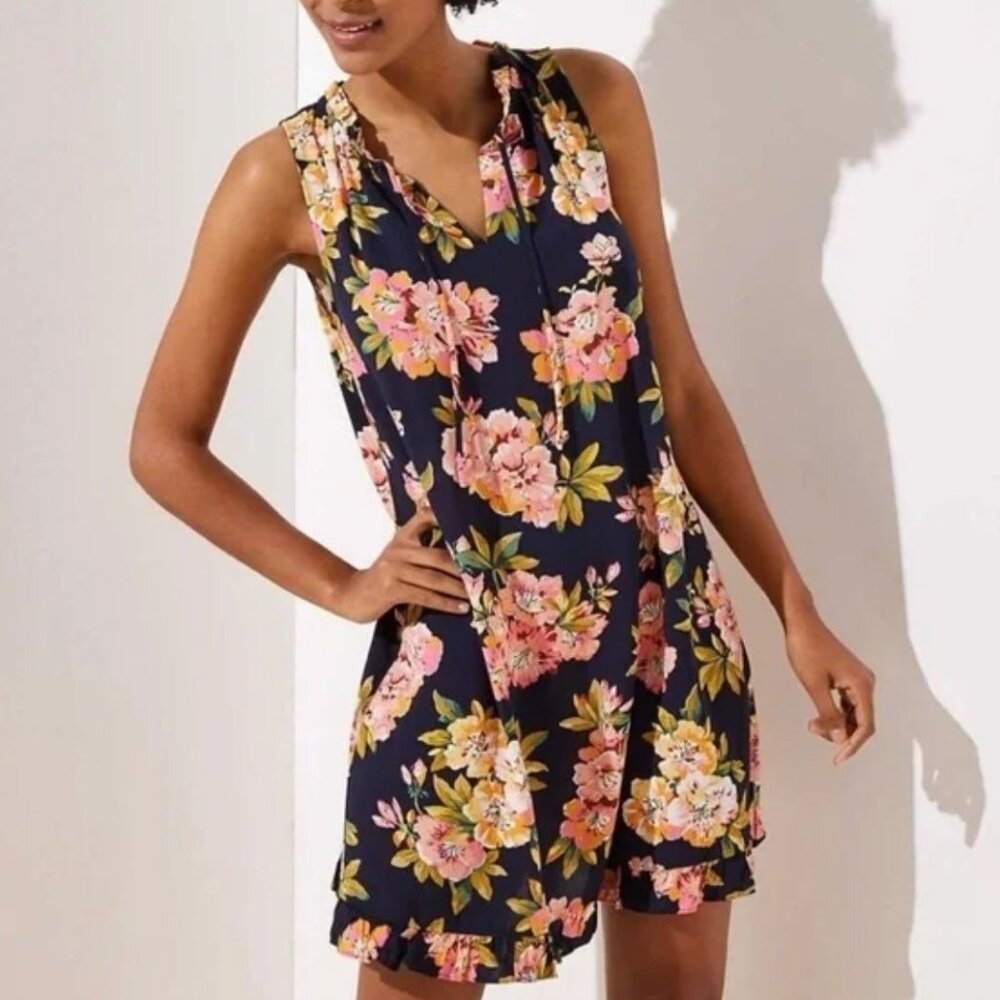 LOFT | Ruffle Floral Split Neck Sleeveless Mini Dress in Navy Blue Multi | Small